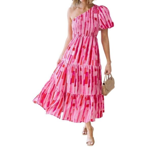 Boho Summer One Shoulder Short Sleeve Smocked Side Split Ruffle Swing Midi Dress - Picture 1 of 9